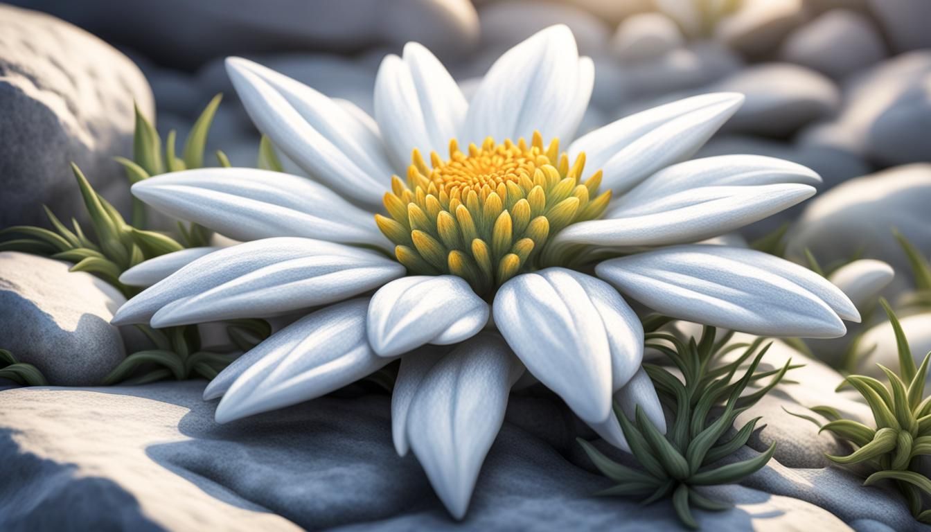White edelweiss growing on a stone in a vacant lot, Hyperrea...