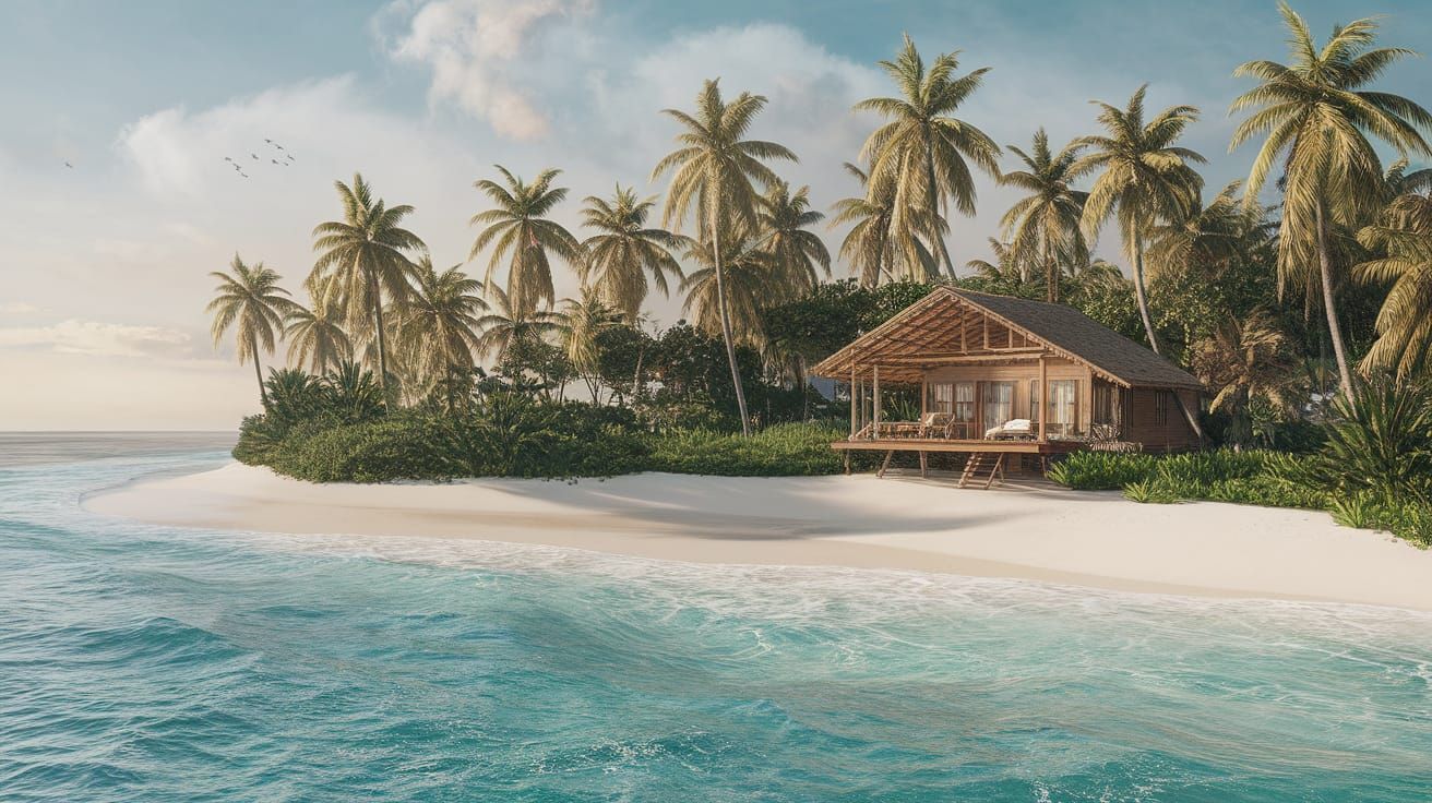 The scene is a tropical beach paradise, captured in a realistic stvle, evokina a serene and idvllic atmosphere. The overall tone is one of t...