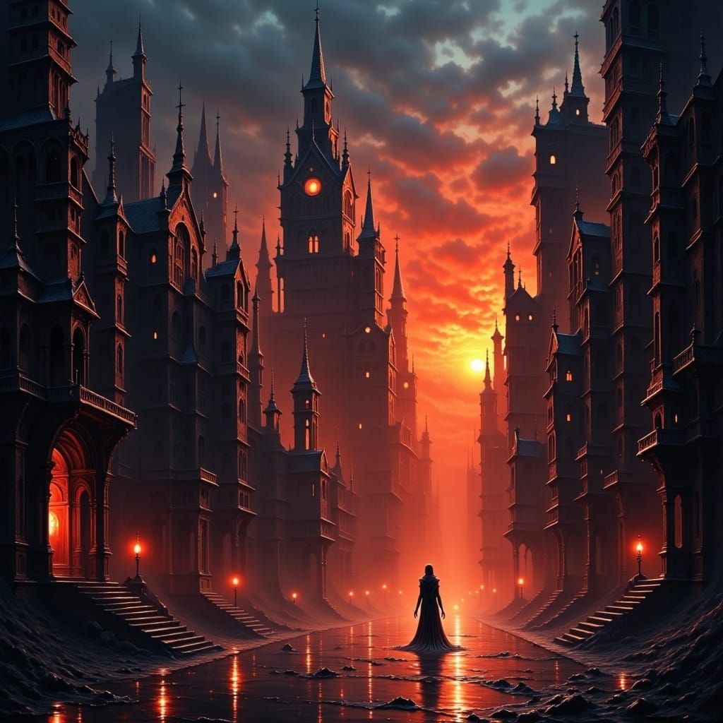 Gothic cityscape orange red lighting  