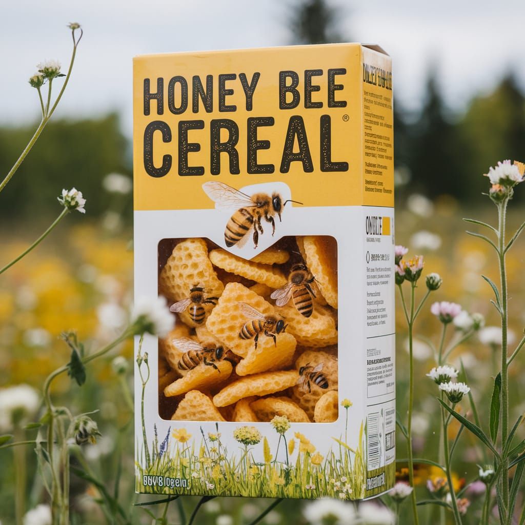 a box of cereal called "Honey Bee Cereal" that is filled with actual live honey bees  by @CatFly
