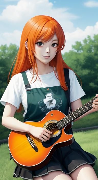orange cute girl  likes guitar at green grass