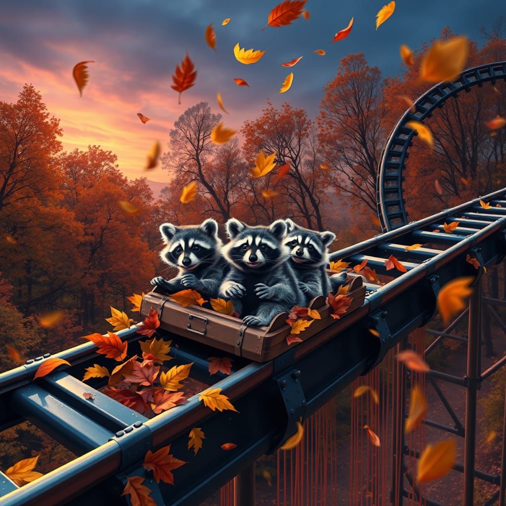Raccoons slide through leaves on a rollercoaster.
Track winds through autumn trees and twilight sky.
Leaves rain down in colorful cascading ...