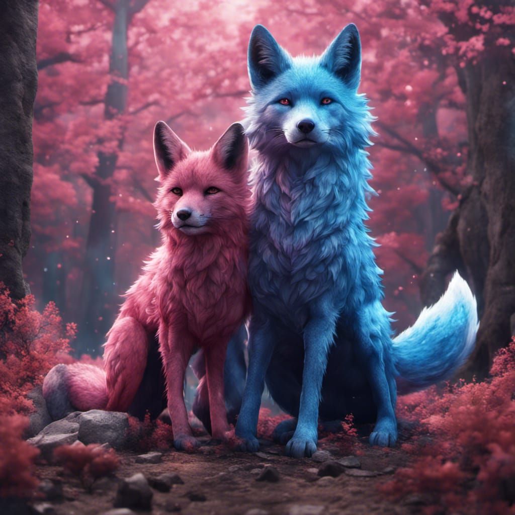 A pink fox becoming best friends with a blue wolf