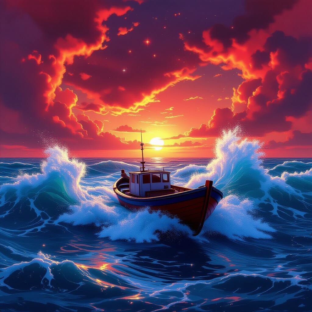 Luminous Boat in Stormy Sea, Astral Illustration