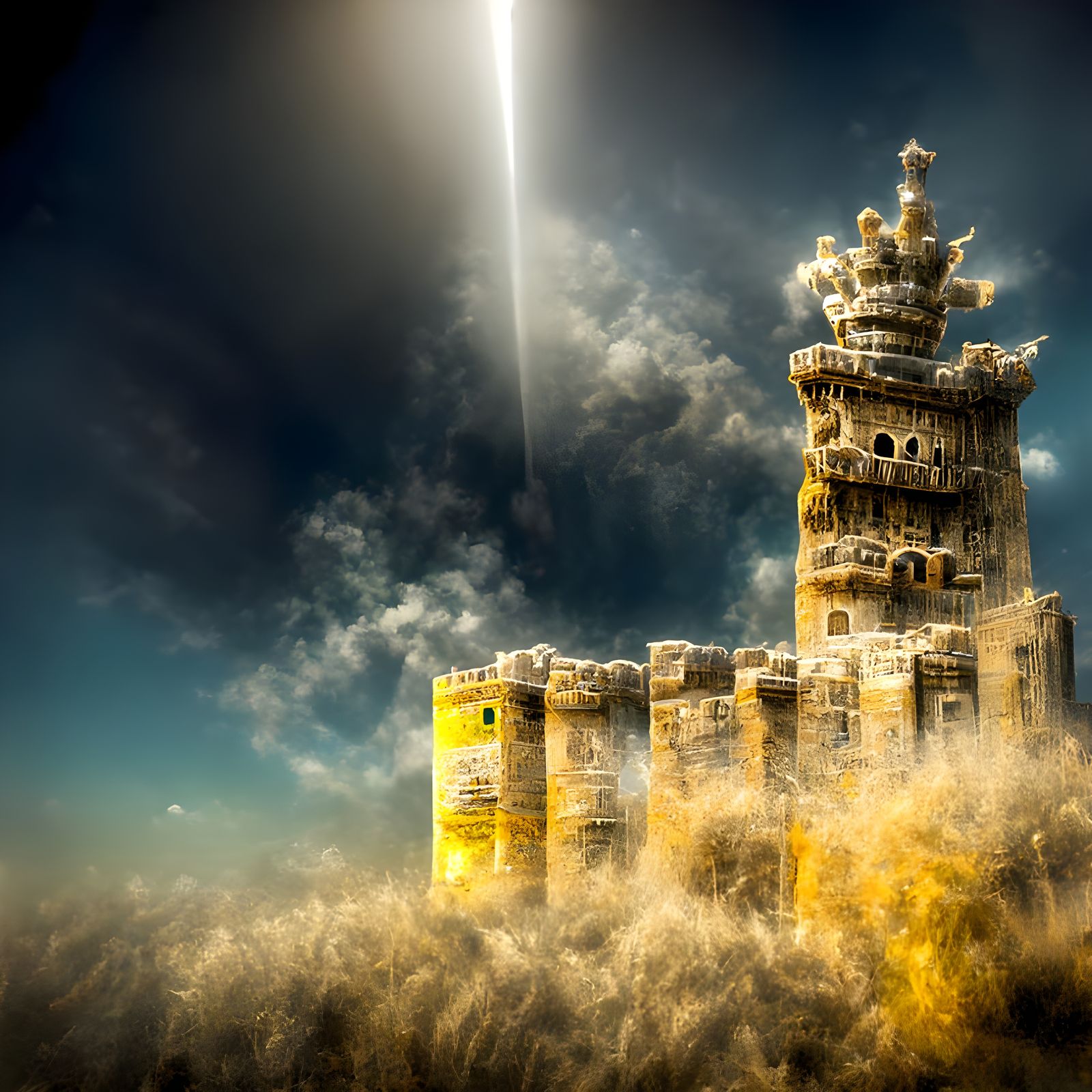 Tower of Babylon 8K 3D digital illustration volumetric lighting Unreal