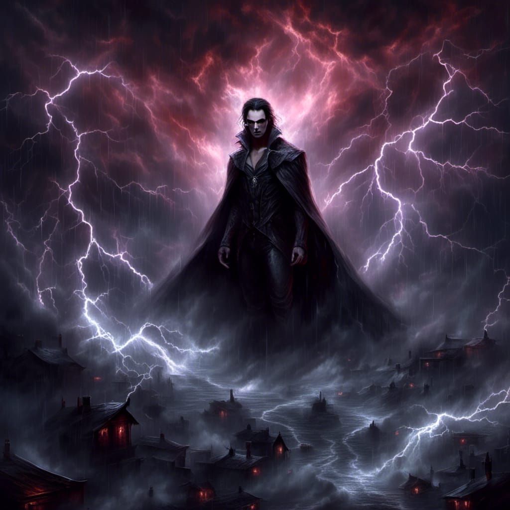 Dark storm of a Vampire, in translucent lit background, <lora:Wild Storm:1.0> lightning, eerie, captivating, breathtaking, horror, thriller,...
