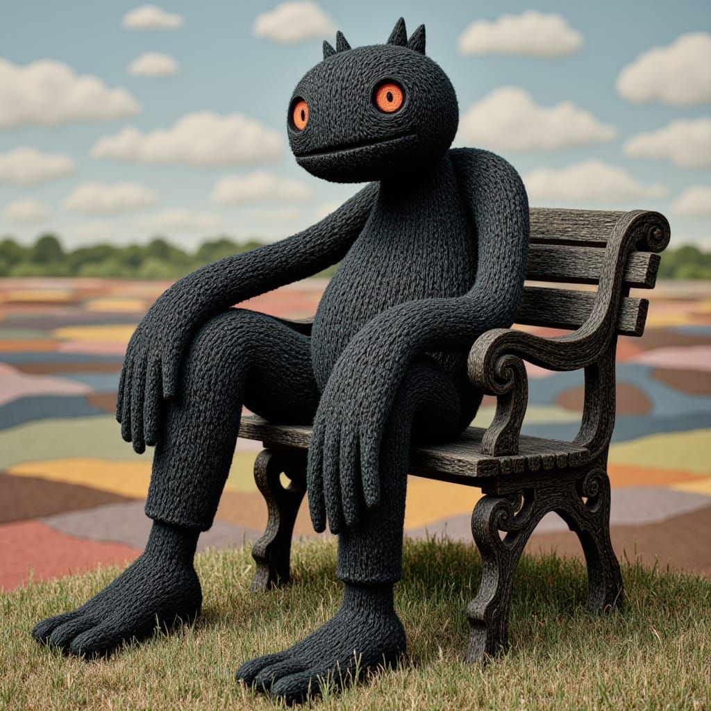 <lora:The Folkdream Set:1.0> A black dream beast with painted eyes sits on an ornate bench, gazing at the patchwork field. The character ha...