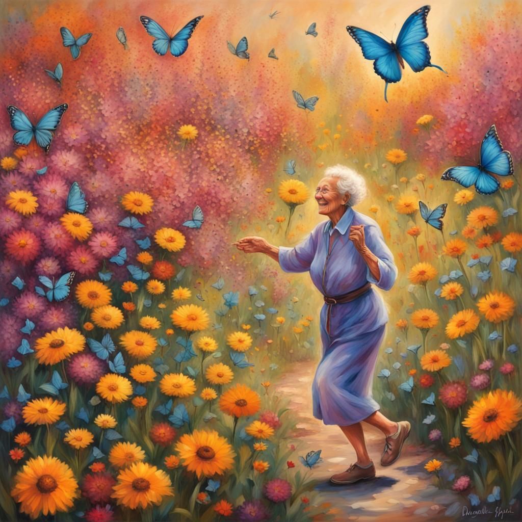 Imagine a vibrant and heartwarming scene featuring an elderl...
