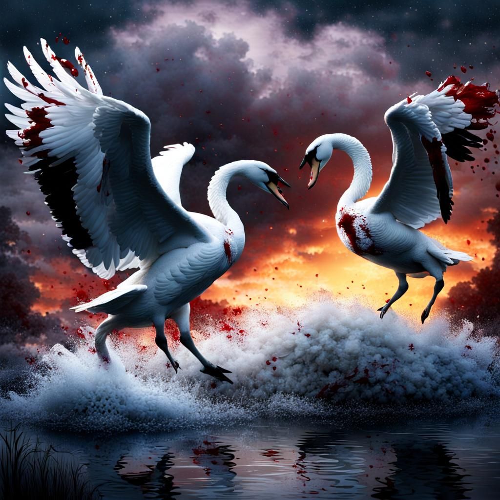 Two swans in a battle to the death on a stormy night