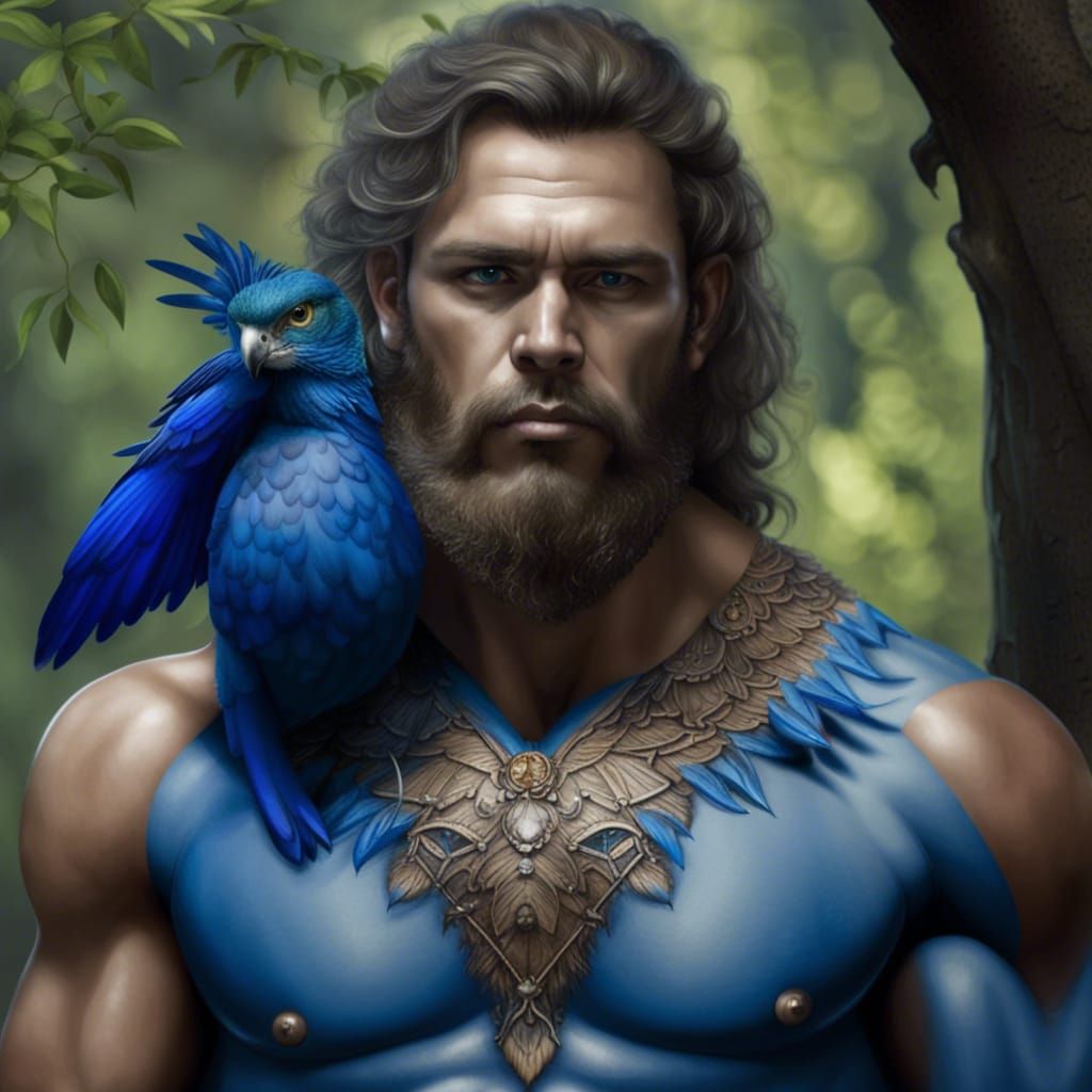 Homem com asas de anjo grandes pretas e com detalhes em azul...