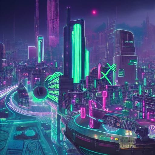 The future, cool, flying glowing neon city