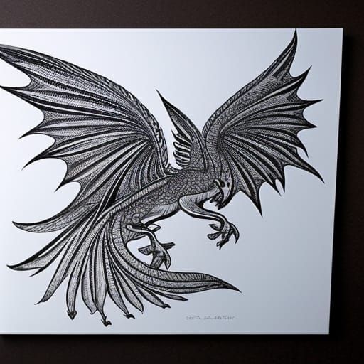Winged dragon, crisp lines, pen and ink drawing, sketch