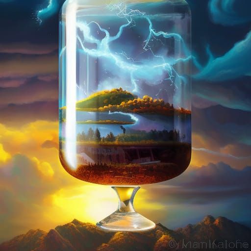 A Beautiful digital artwork of a tornado trapped inside glas...