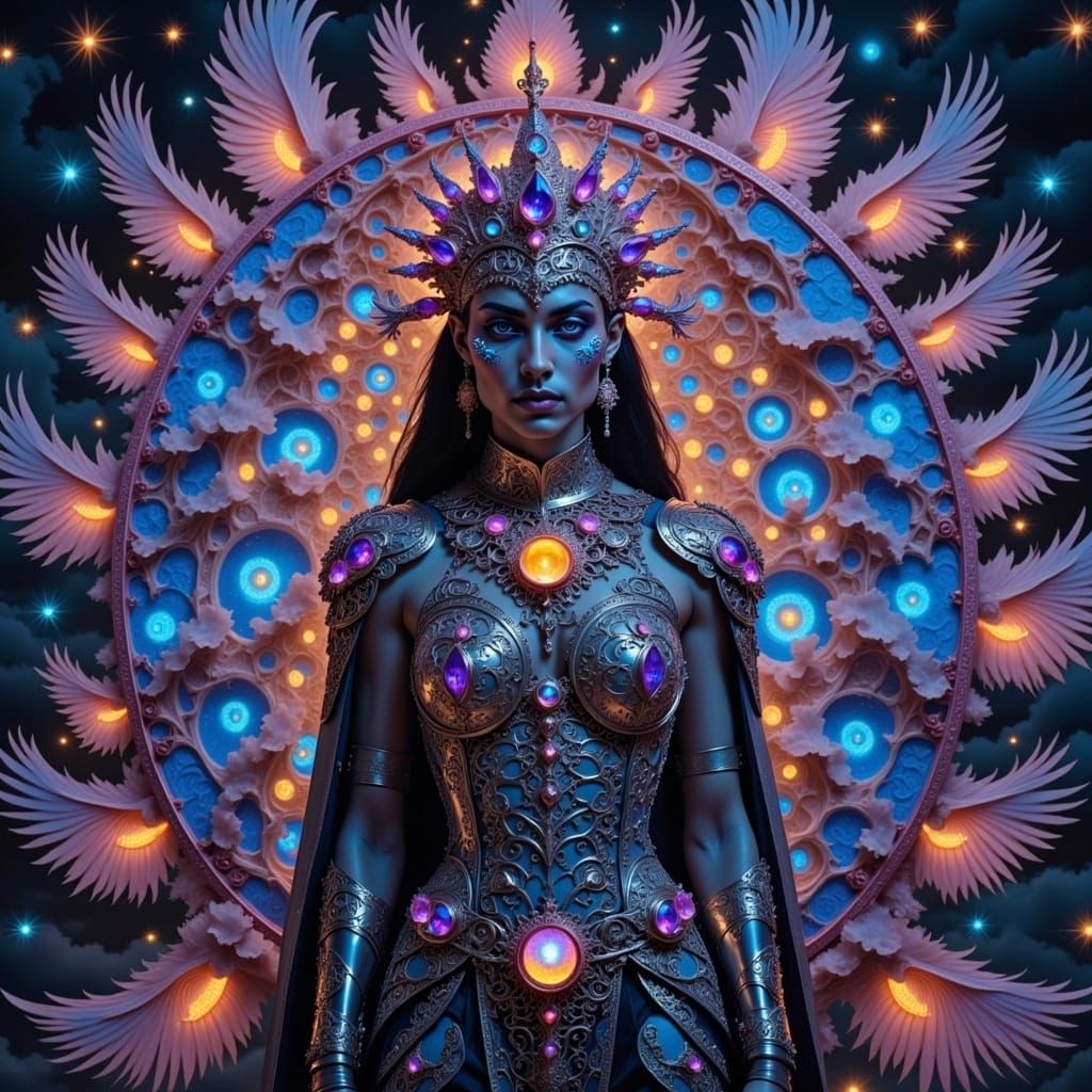 Amazing detailed photorealistic kaleidoscopic blacklight UV light portrait beautiful shaman surrounded by exotic birds bioluminescence, drea...