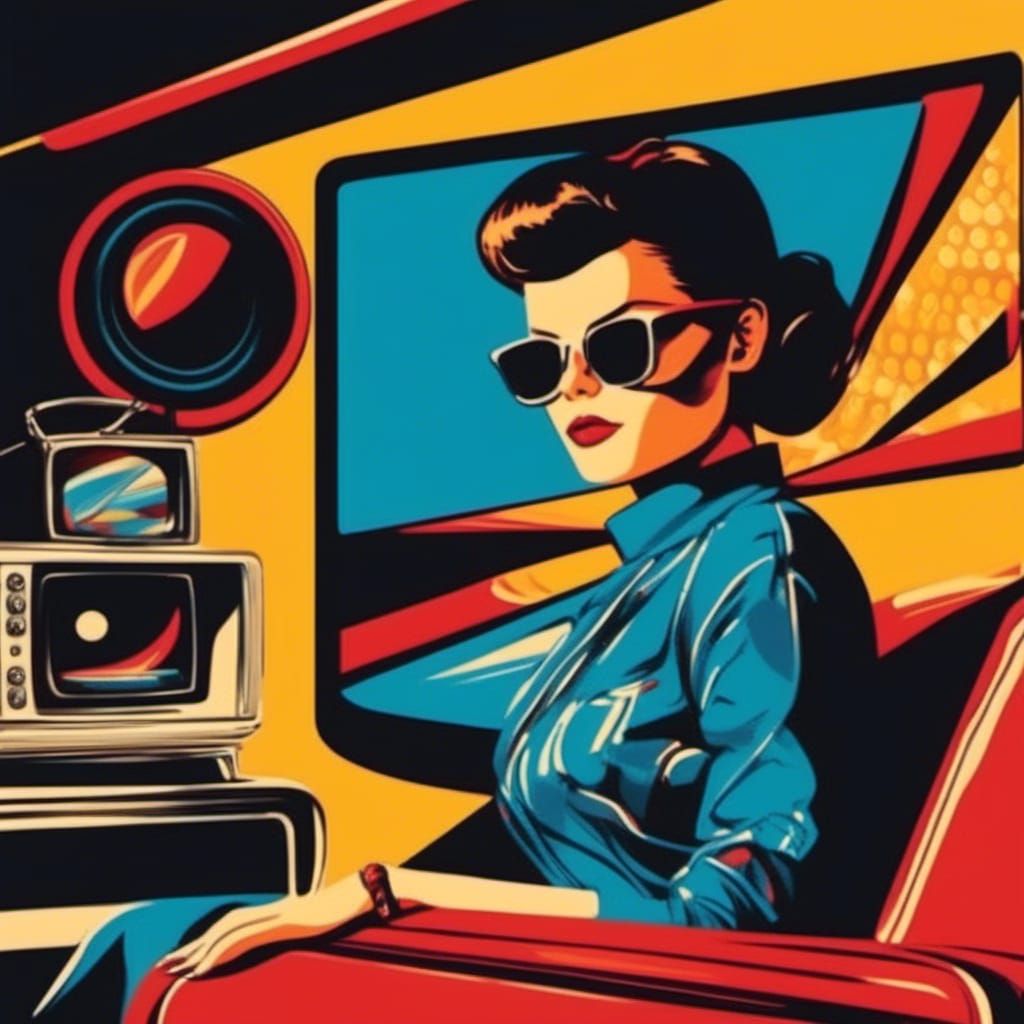 <lora:Retro Sci-Fi Utopia:0.6>
Googie style scene: Woman wearing sunglasses is sitting on the sofa and looking at a large retro tv-screen. v...