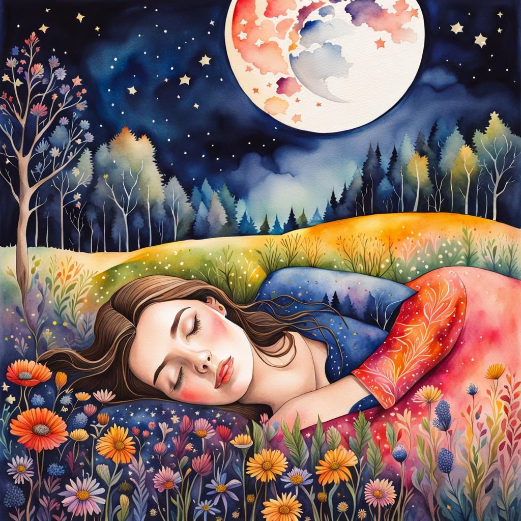 woman laying sleeping in a vibrant wildflower meadow at midnight, stars ...