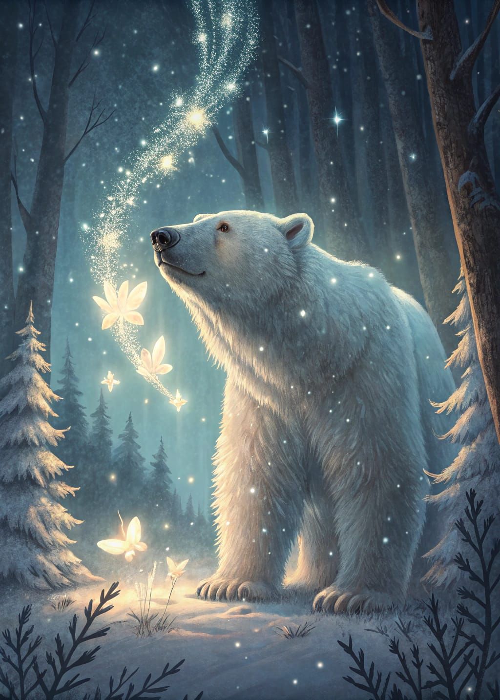 Ethereal Bear in Dreamlike Winter Scene