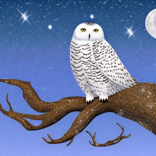 Snowy Owl, Amber eyes, fluffed-up wings, night owl, moon and stars ...