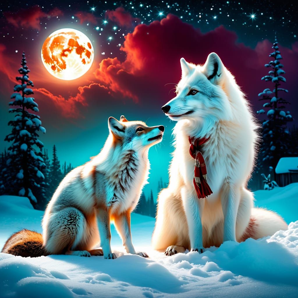 Wolf, White Arctic Fox are rejoice to playing together