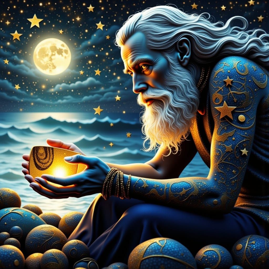 <lora:Art Duced:1.0> ""A stylized portrait of a woman with flowing hair, adorned in a golden patterned garment, against a night sky and a mo...