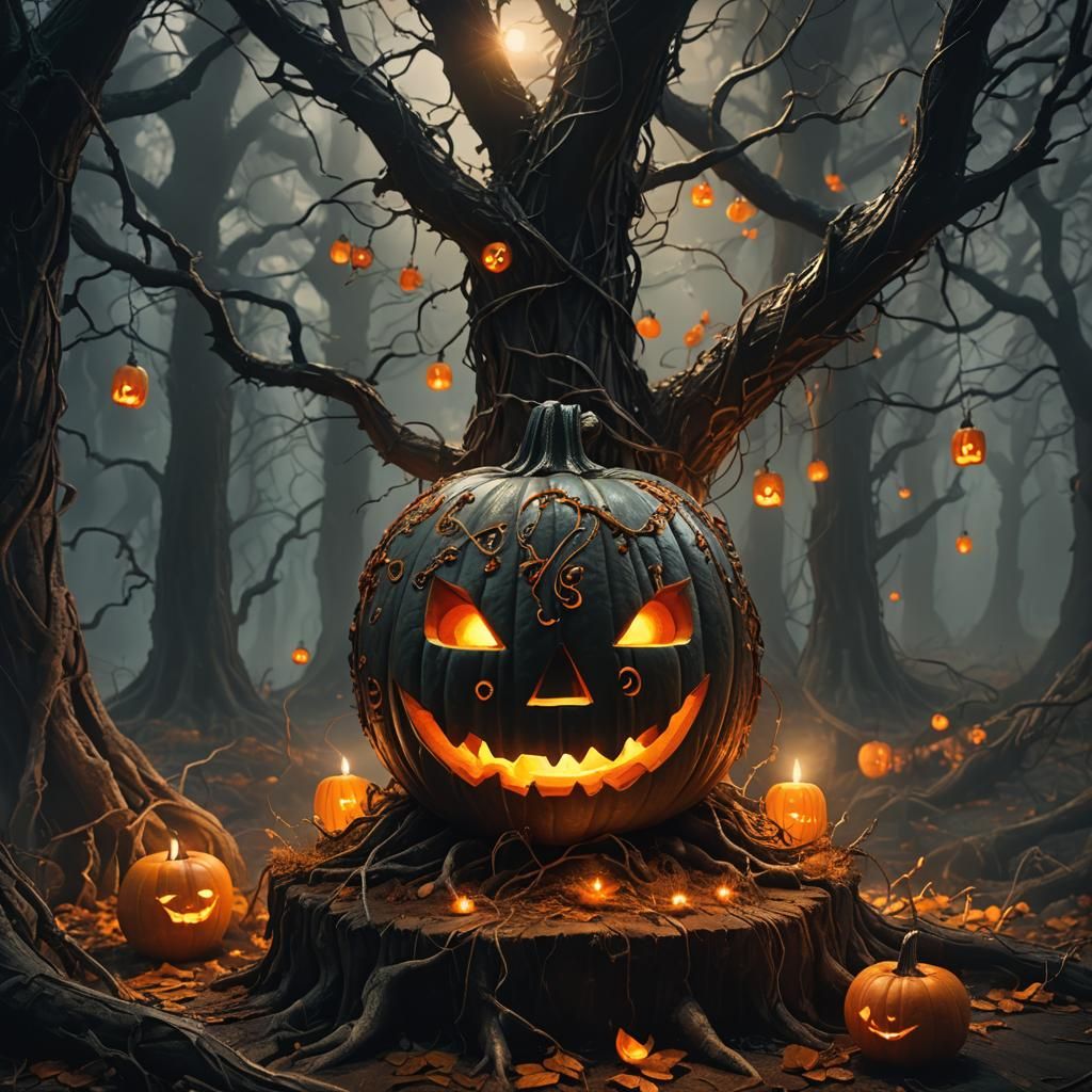 Ornate Halloween Pumpkin with Glowing Runes in Mystical Fore...