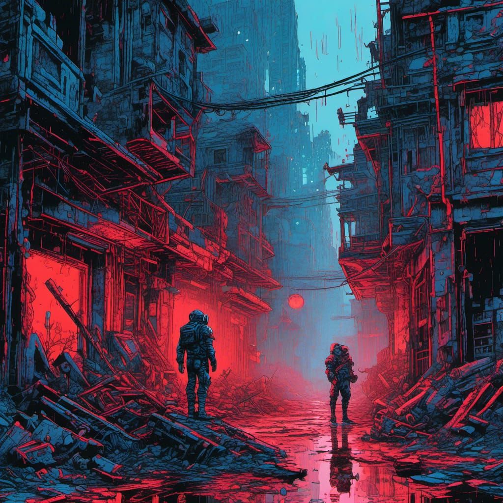 <lora:Linograal:0.5> <lora:CyberGraal:0.25> Linocut, cel-shaded, flat-shading. A cyborg soldier in a dirty heavy-combat-harness, stands in a...