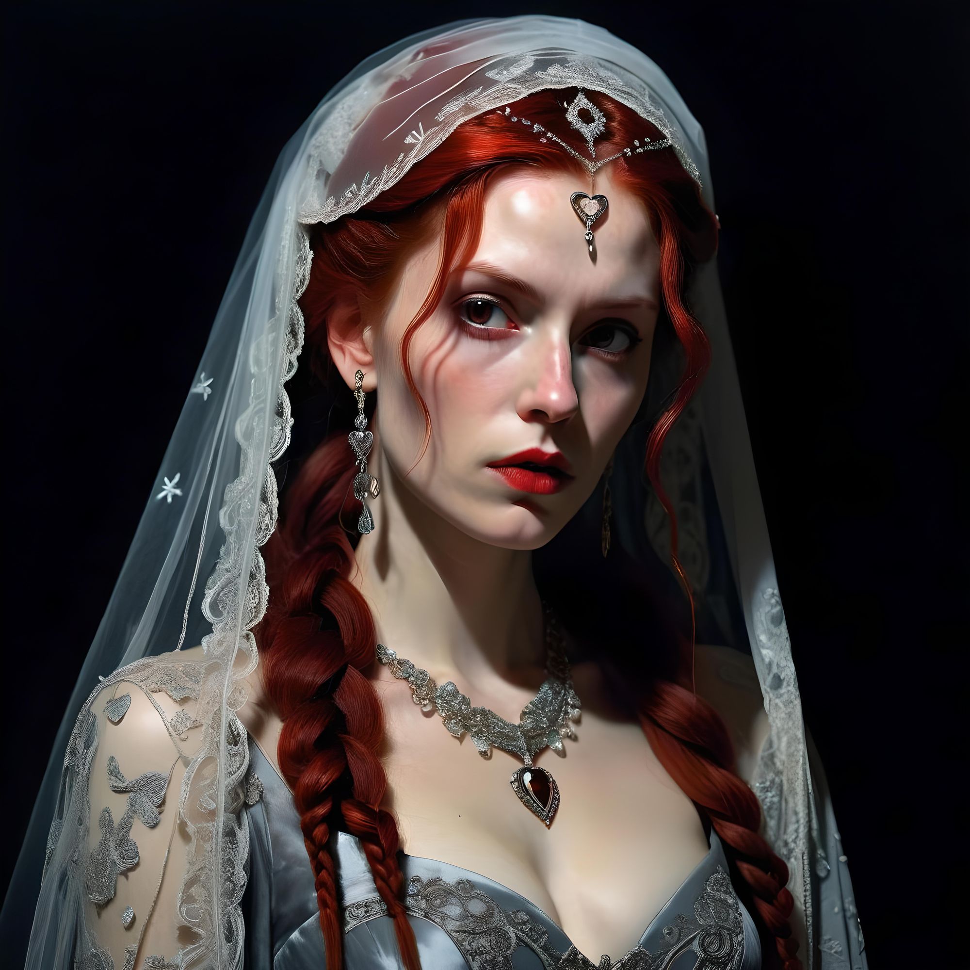 Vampiress, Wife of Dracula, Elena long red hair in an updo with braids and brown eyes, heart-shaped face, veil standing in near total darkne...