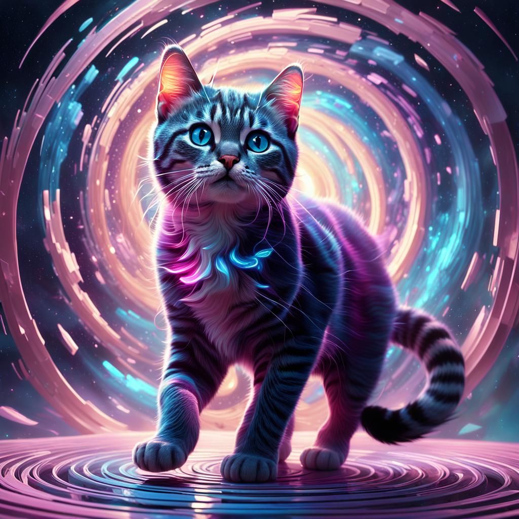 Curious Kitty Steps Into Cosmic Vortex: 3D Digital Art