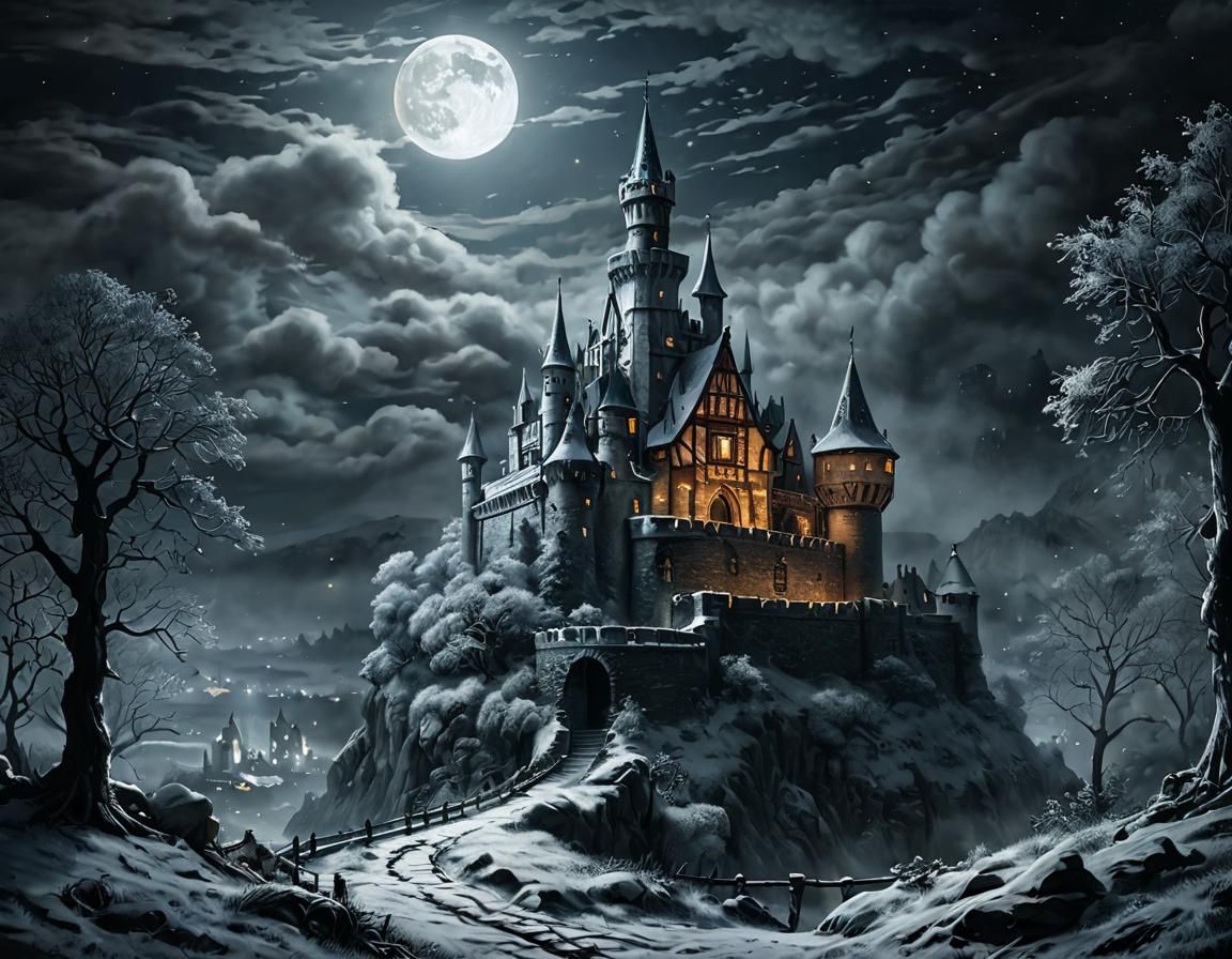Medieval Castle Shrouded in Moonlight Fog