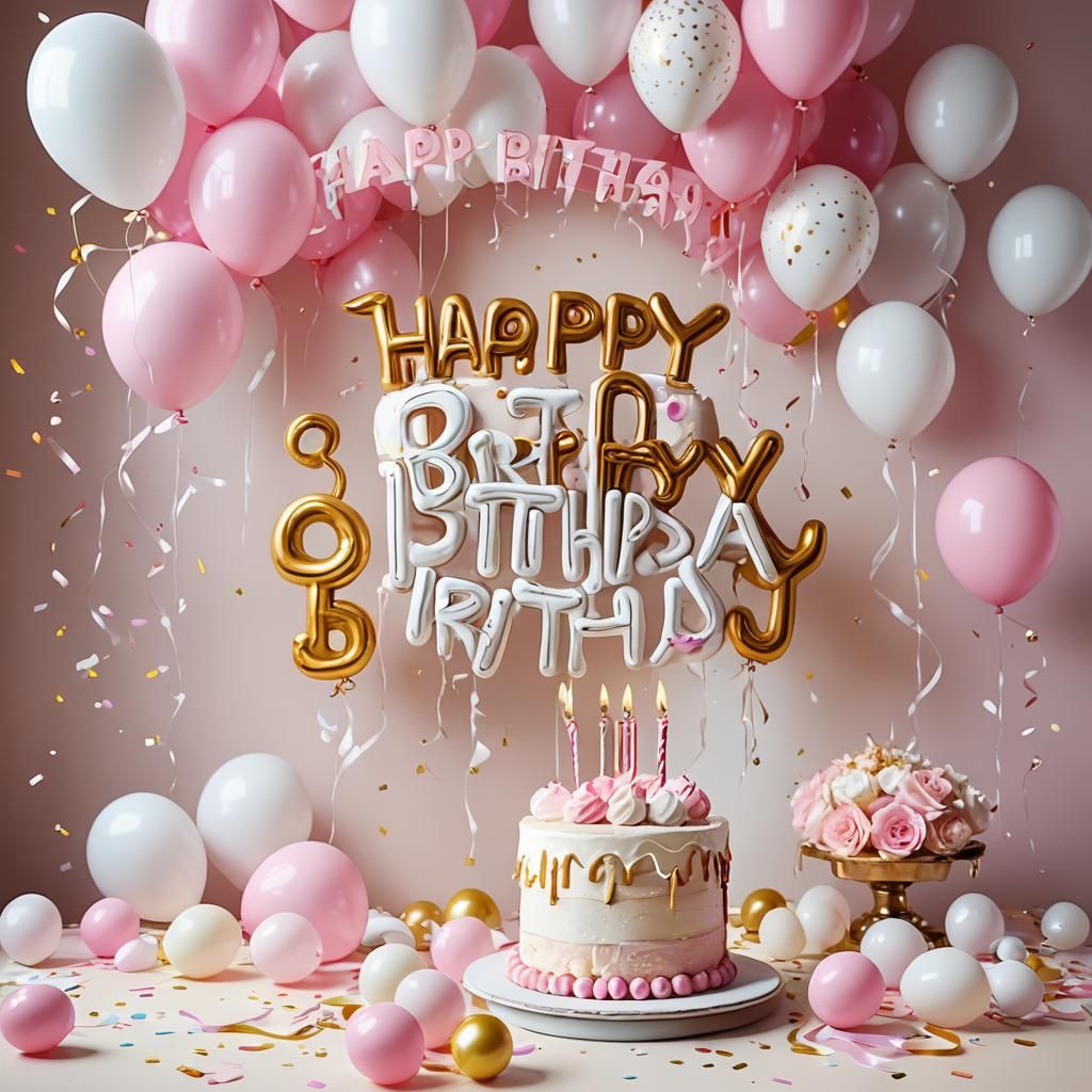 Festive Birthday Cake with Balloons Fantasy Art