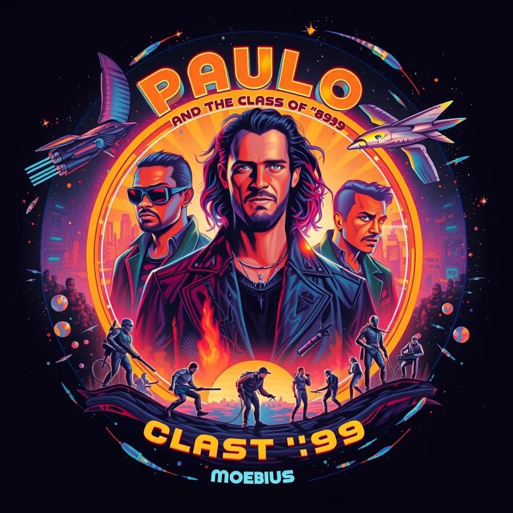 “Paulo and the class of ‘99” 
create a vinyl record sleeve for the band of “Paulo and the Class of ‘99” colorful, uniqued, futuristic, highl...