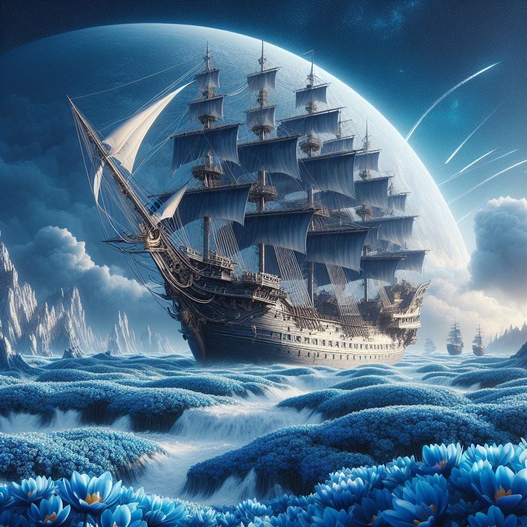 Ship upon waves of blue flowers