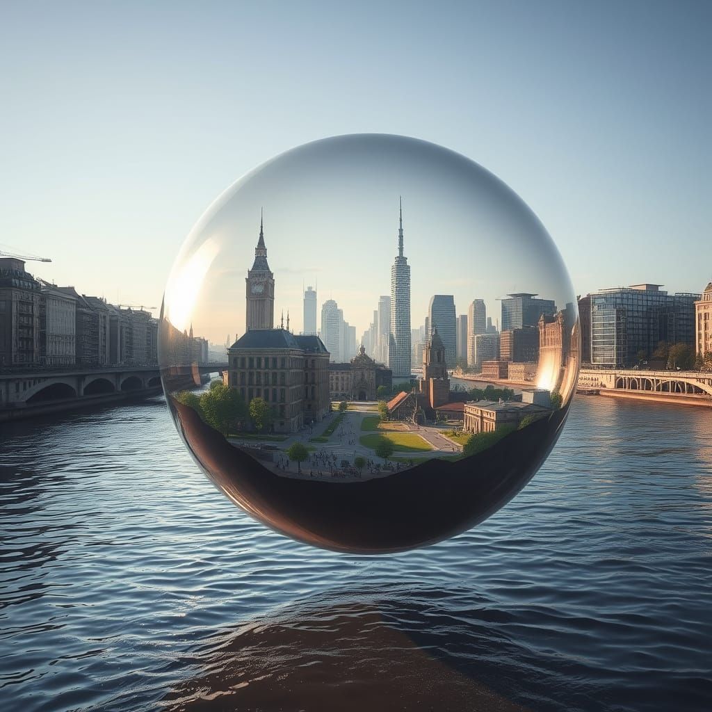A bubble filled with a miniature city of the future floats on the tide of river  by @werxx79