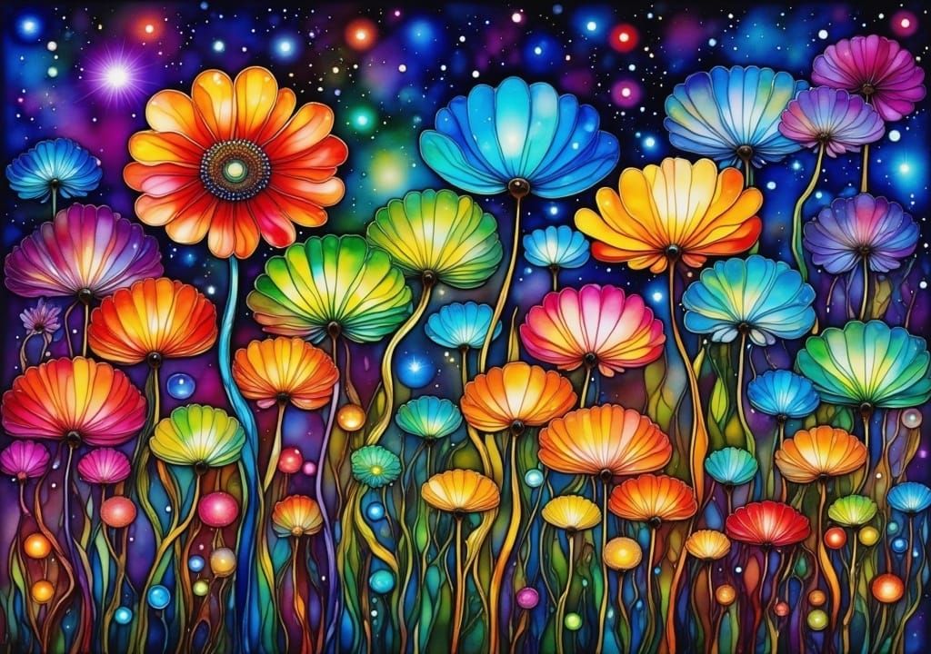 painting of colorful flowers under a starry night <lora:PR AlcoholWCGlass:1.0>