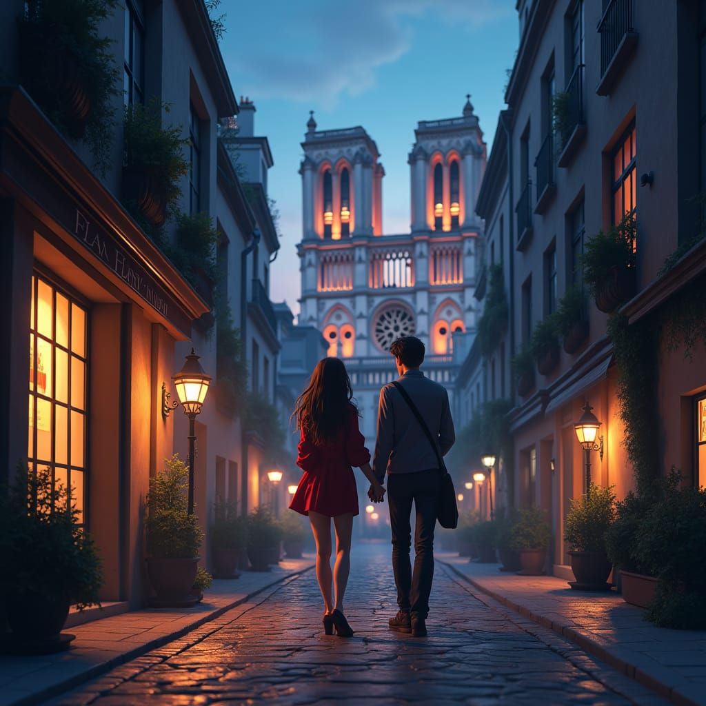 Romantic Stroll to Notre Dame in Anime Style