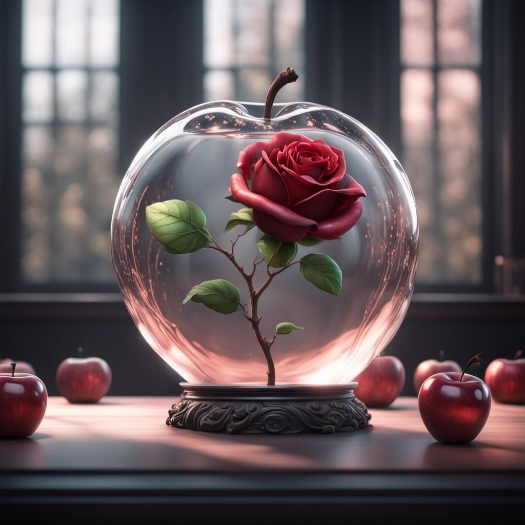 A clear glass apple with a rose inside of it