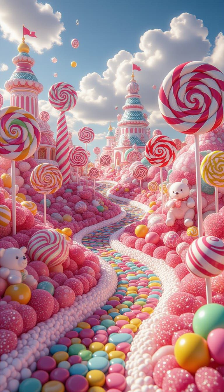 Vibrant Candyland Scene with Hyperrealistic Candy Art