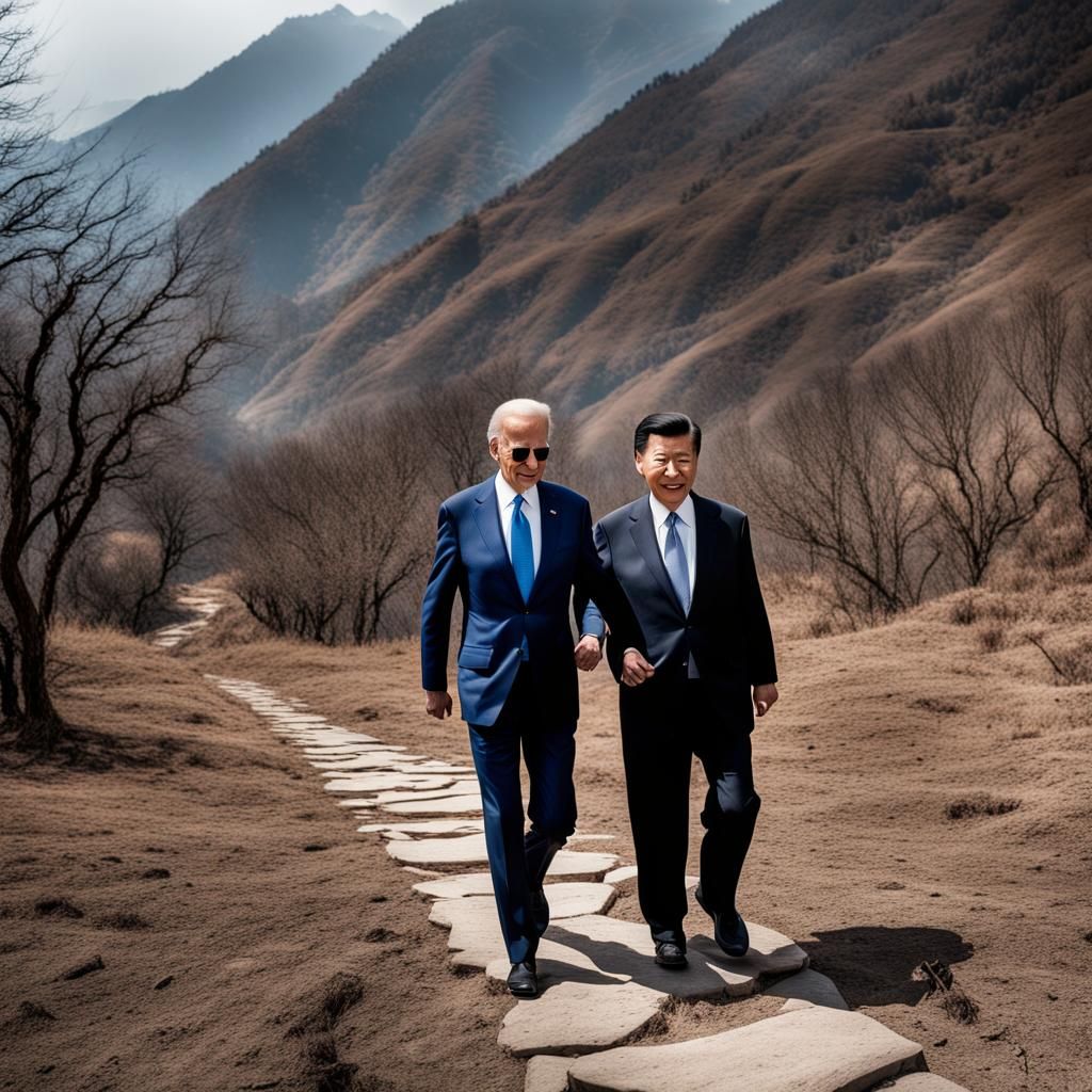 Joe Biden walking in the foothills of the Himalayas with xi jinping