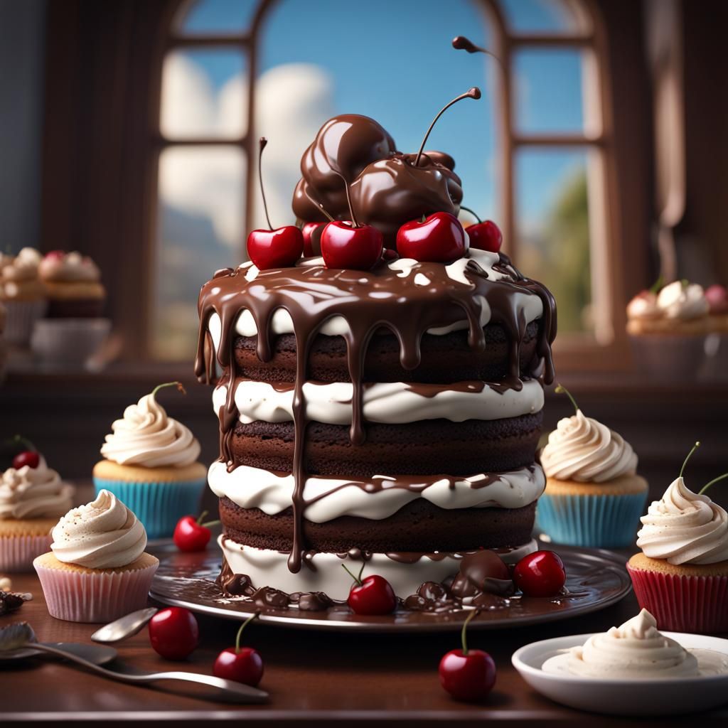 chocolate cake with ice cream and whipped cream on top also with a cream filled cupcakes with cherries ...  by @undefined