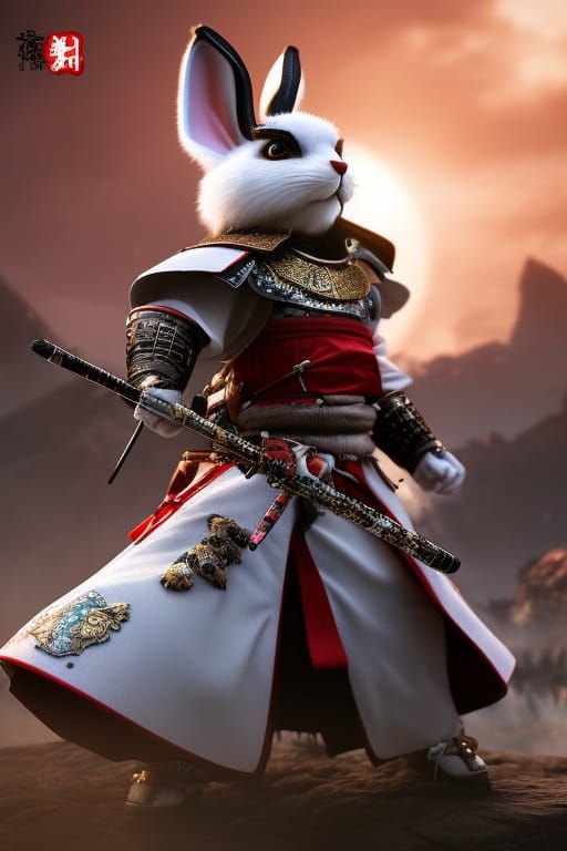 ground up shot of an anthropomorph samurai bunny, full body portrait ...