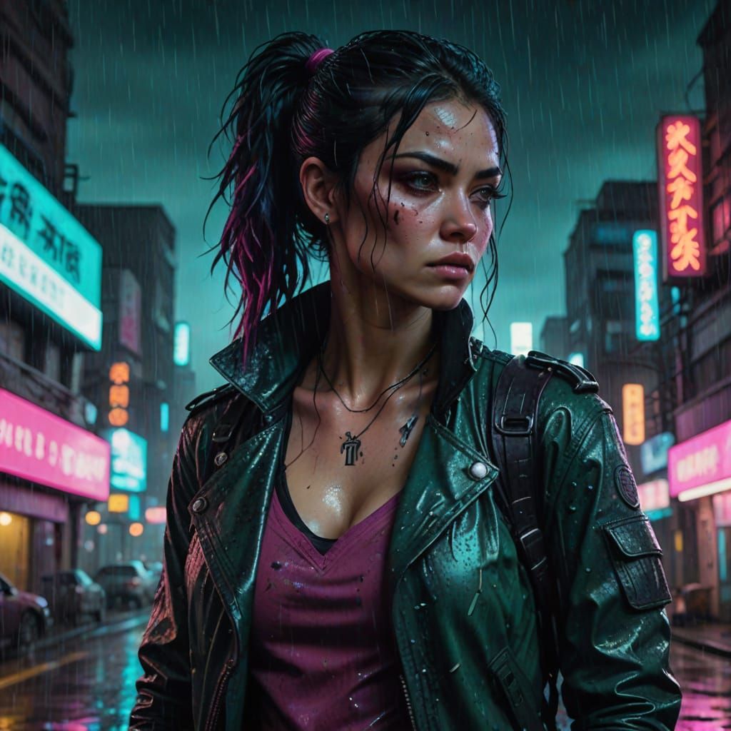 Cyberpunk Warrior on Rainy Rooftop