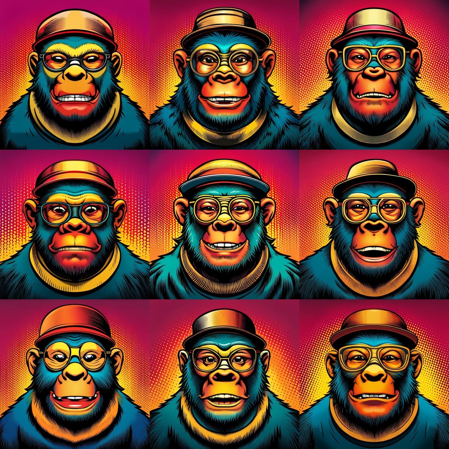 portrait of pop art cartoon Ape with a wide grin showing his teeth, and ...