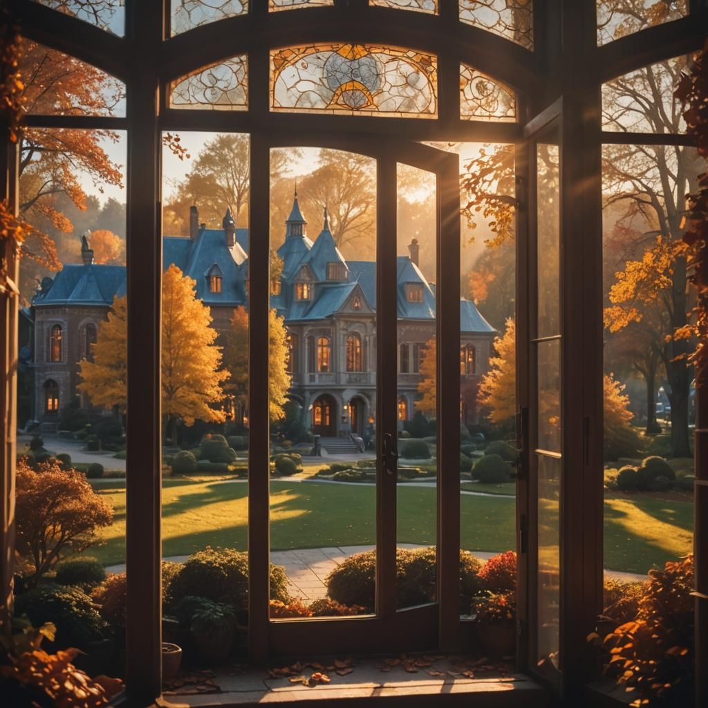 a beautiful autumn scene viewed throughout a library window 