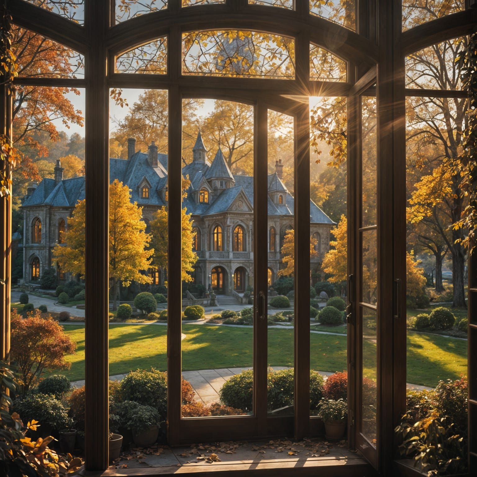 a beautiful autumn scene viewed throughout a library window