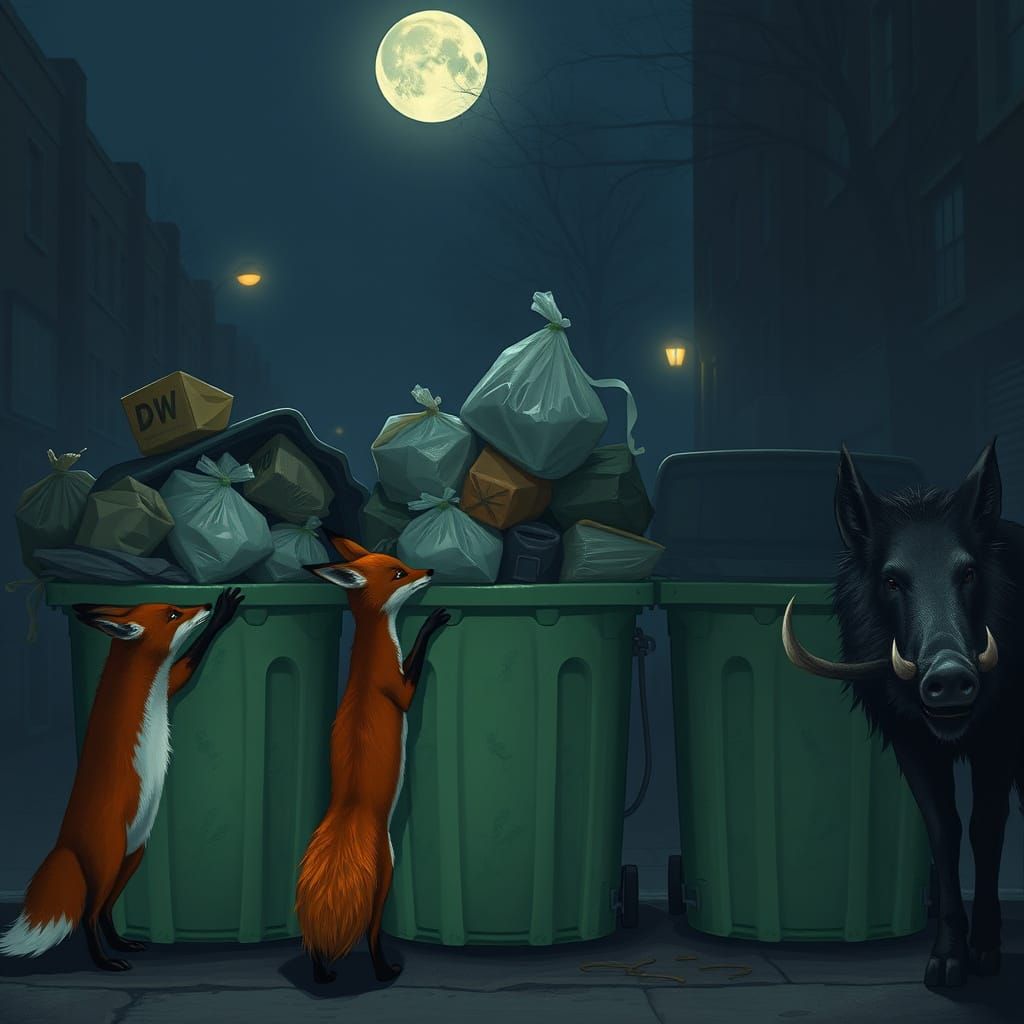 Mysterious Nocturnal Scene of Trash Cans and Wild Creatures