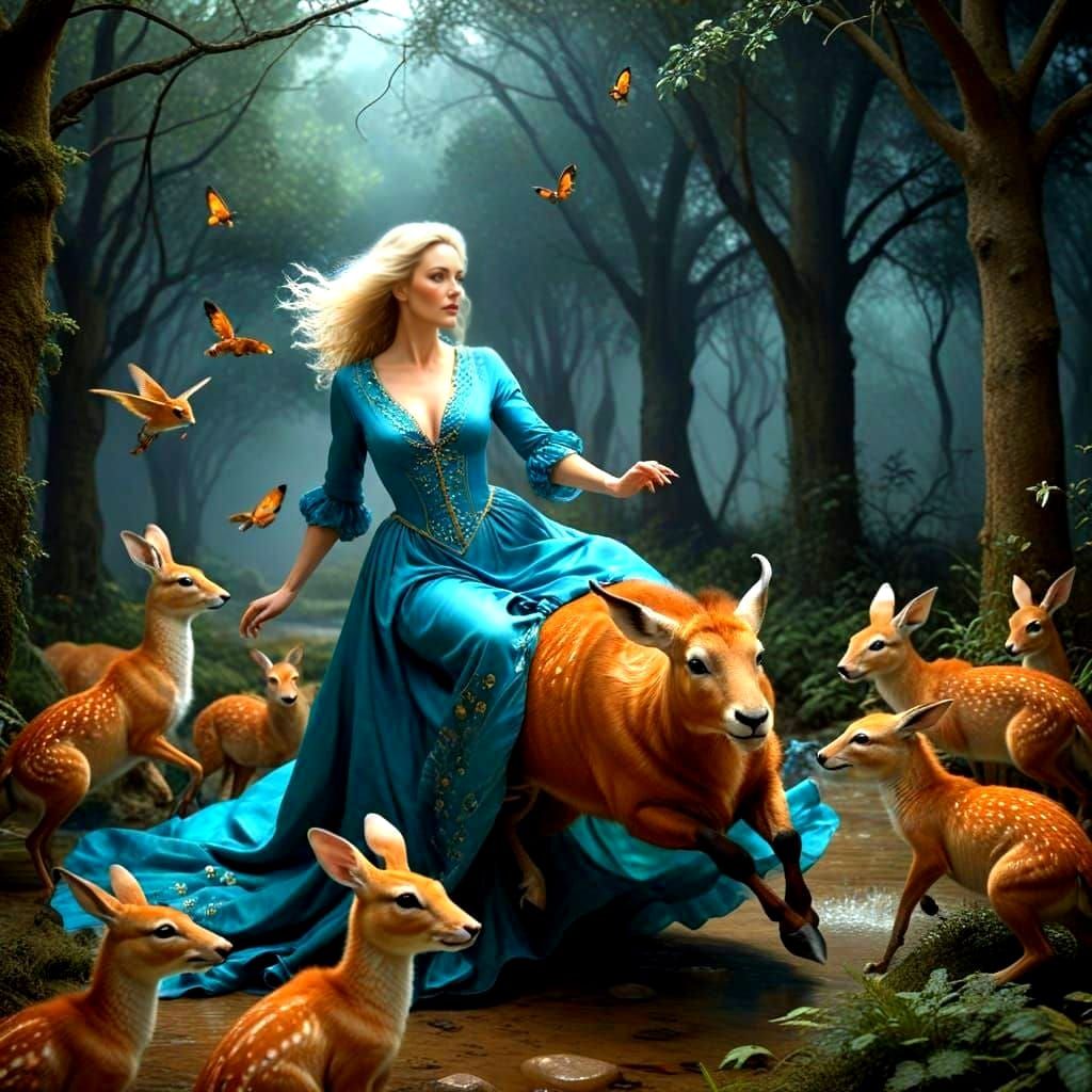 Elegant Lady in Whimsical Surreal Landscape