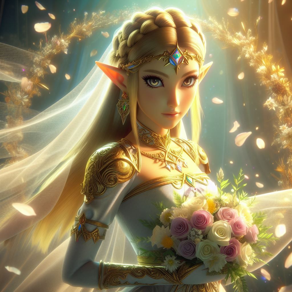 Zelda with a wedding dress and flowers in her hands