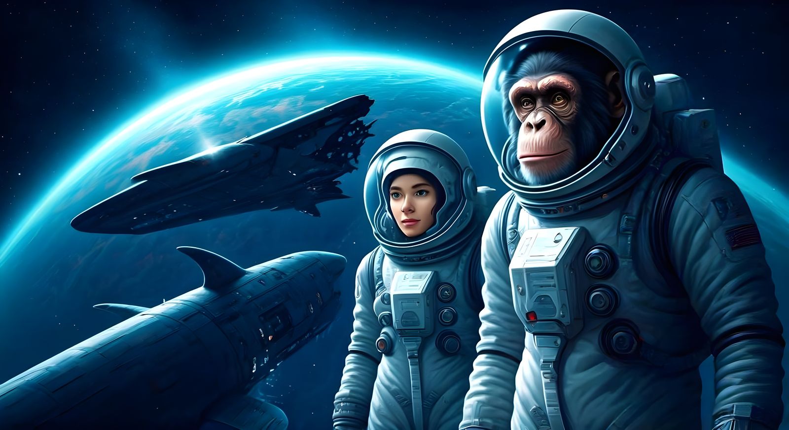 Dr. Gillian Baskin and uplifted chimpanzee Dr. Charles Dart from Startide Rising by David Brin  by @Gary Murakami