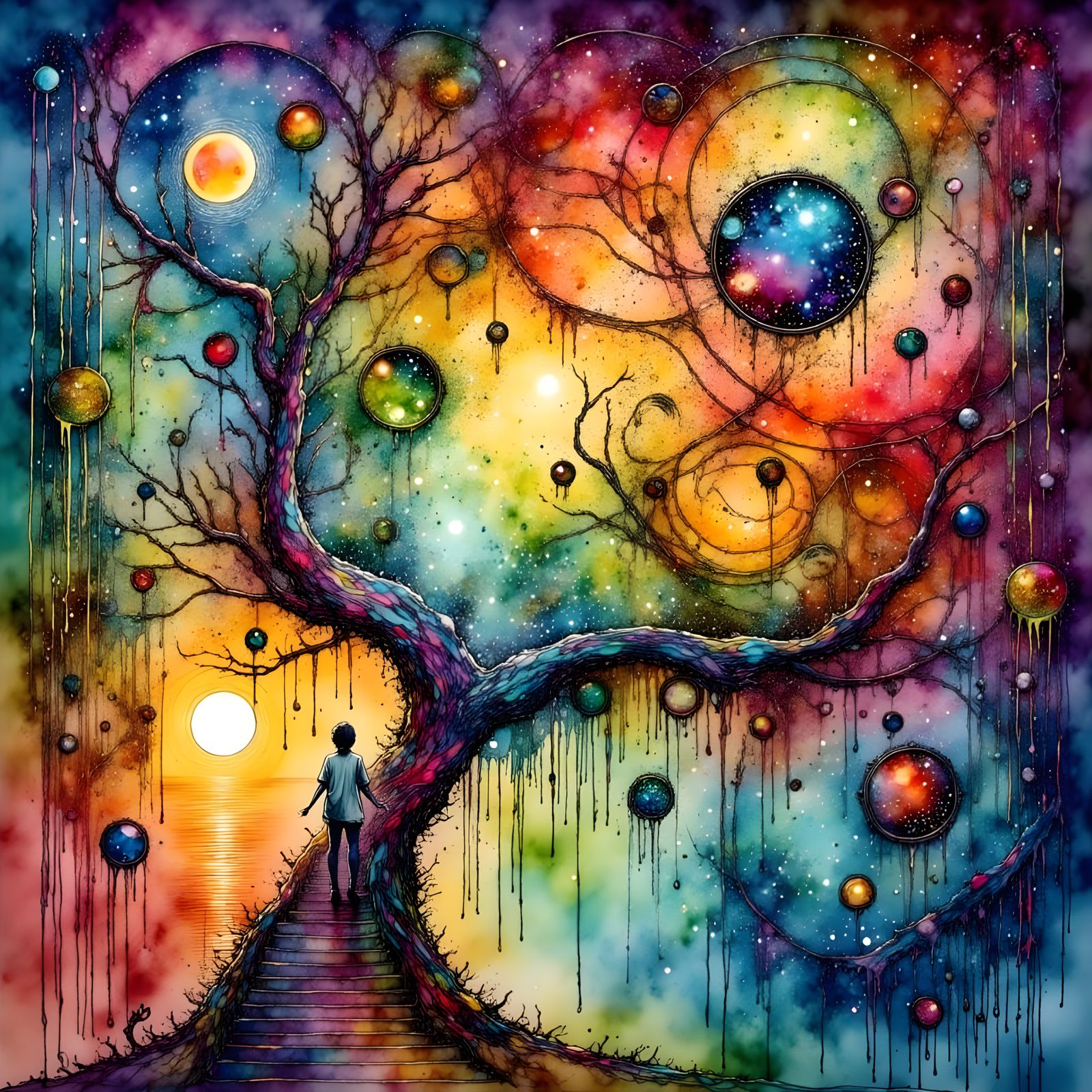 Ethereal Cosmic Landscape in Soft Watercolor and Ink