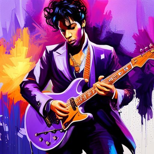 Prince on stage, preforming, wearing purple playing his purple guitar.  by @Pam